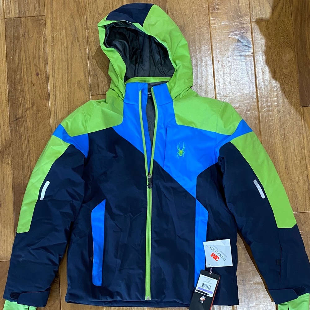 Spyder Boys Ski Jacket Black and Blue Jacket with Green Accents